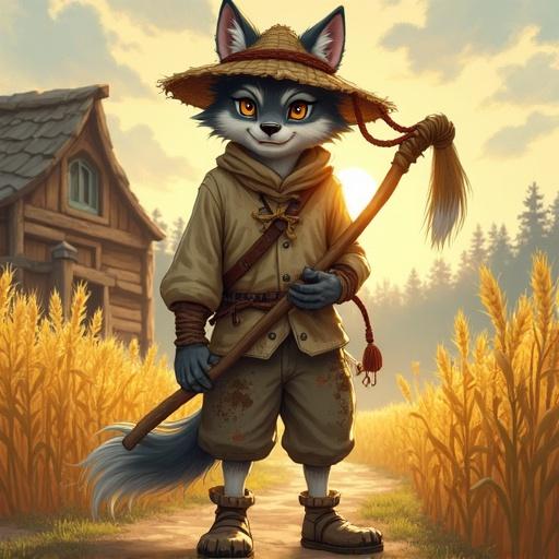 A weathered wolf peasant stands in a barley field. He has gray fur with white streaks and warm amber eyes. Wears a straw hat and patched clothing. Carries a scythe. Background features a chicken coop and forest. Soft lighting with painterly textures.