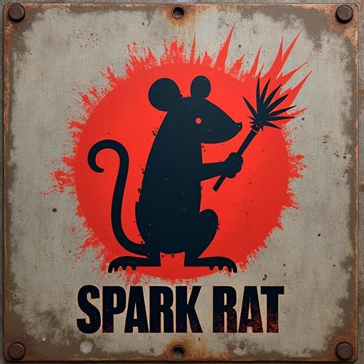 Logo design for Spark Rats featuring a rat holding a welding torch. Gritty industrial stencil art style. Background has burned steel texture. Colors in dull red and primer gray. Text at the bottom says 'SPARK RAT'.