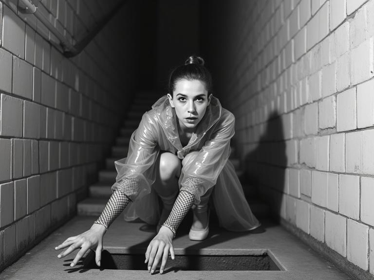 Surreal black and white photograph with ballerina in fishnet stockings and clear plastic raincoat. Disembodied hand reaches from rectangular hole in concrete staircase. Background features tiled walls. Harsh lighting enhances shadows creating an unsettling atmosphere. The composition evokes themes of vulnerability, fear, and the unknown.