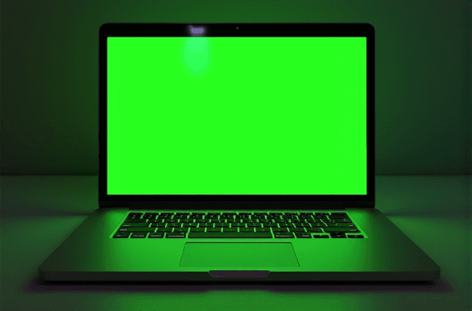 A laptop with a bright green screen emits a vibrant neon glow, casting subtle green hues on the surrounding area.