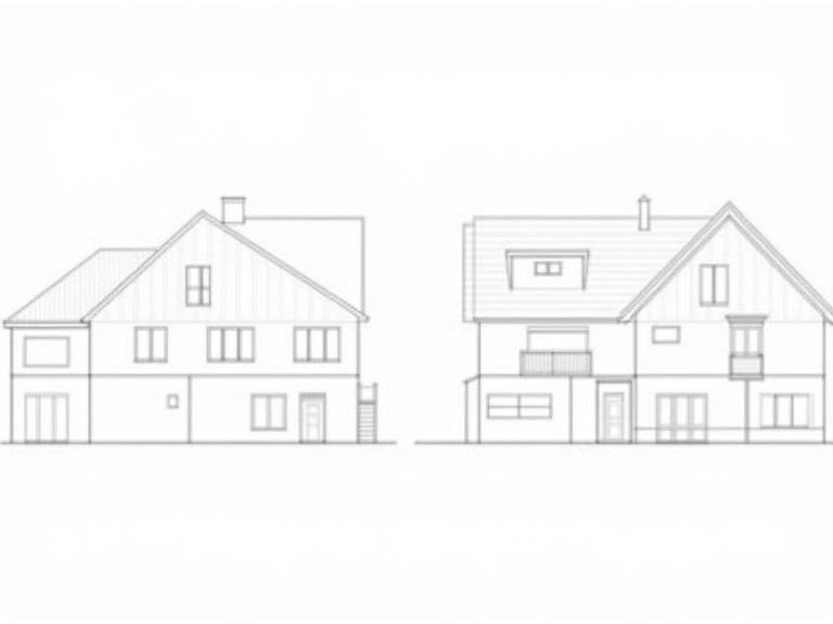 Architectural drawing featuring elevation and section views of a two-storey house. Clean lines and minimal detail emphasized. Designed in AutoCAD.