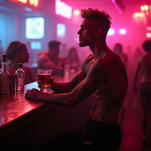 Portrait of a tattooed man in nightclub. He leans against the bar with a whiskey. Dim lighting with neon glow. Athletically built and wearing punk clothes. Vibrant colors and energetic atmosphere.
