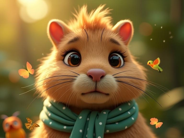 Close-up of a small capybara with soft golden-brown fur. Fluffy round cheeks. Big hazel eyes filled with emotion. Tiny pink nose. Light teal scarf with white polka dots. One wing made of banana leaves is torn. Broken leaves float around. Expression shows sadness, hope, determination. Jungle background blurred with sunset glow. Small animals faintly watching. Bold emotional Portuguese text at the top: 'Ela Só Queria Voar…'. Cinematic and heartwarming atmosphere.