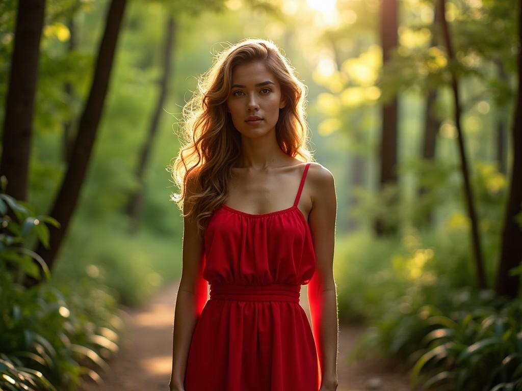 The image features a woman standing confidently on a forest path surrounded by lush greenery. She wears a flowing red dress that catches the eye, highlighted by the soft sunlight filtering through the trees in the background. The warm light creates an ethereal glow, enhancing the natural beauty of the scene. Her hair cascades in soft waves, adding to the serene and captivating ambiance. The overall composition evokes a sense of calm and elegance, making it perfect for various marketing or artistic purposes.