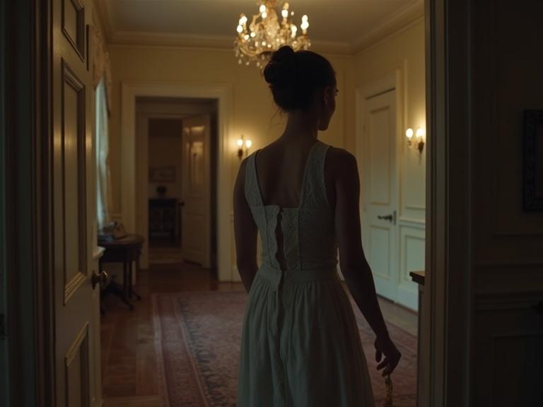 Young woman dressed in elegant clothing standing in the doorway of a grand room. Warm light illuminates the space. Walls adorned with decorative elements. Attic door visible in the background. Tension in the air. Setting suggests a wealthy household with a dark undertone.