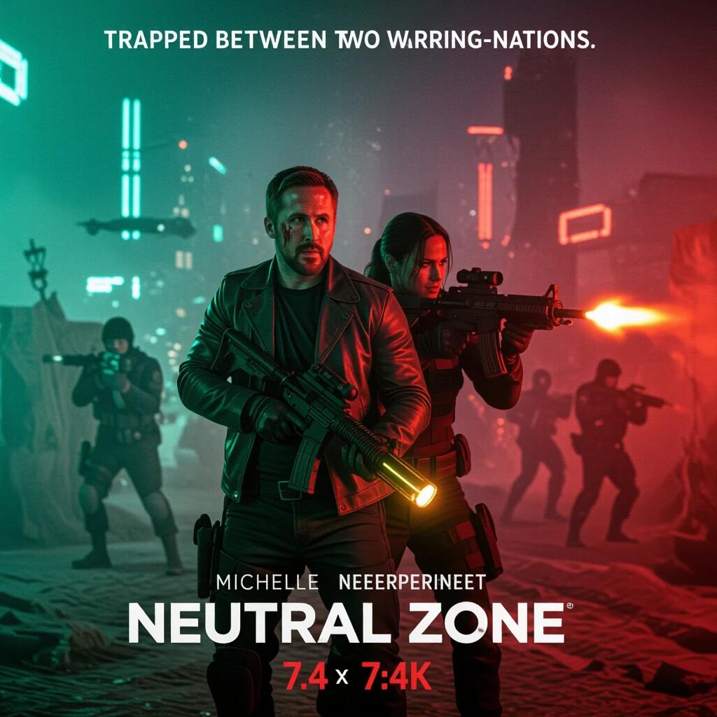Movie poster for NEUTRAL ZONE. Cast includes Ryan Gosling and Michelle Rodriguez. The setting shows a dystopian scenario with two warring nations. The characters are in no-man's land. Gosling clutches a glowing briefcase. Rodriguez points an energy rifle. The background depicts a neon-lit trench battleground in flames.