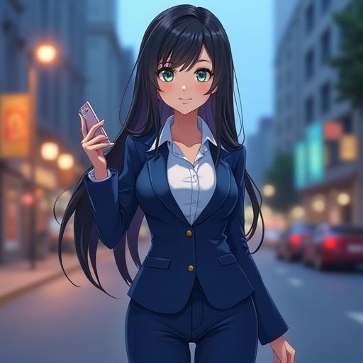 Full body business anime girl smirking confidently. Slightly turning to the camera with hand on waist. Wearing blue business suit and white shirt. Holding smartphone. Eyes half blue and green with glow. City street in evening background.