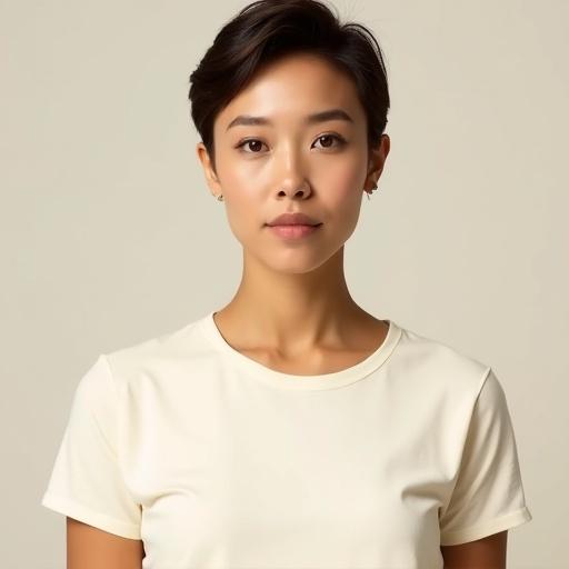High resolution photorealistic portrait of a woman with short hair, wearing a plain cream-colored T-shirt. Framed from head to below the chest. Clean-shaven face, neutral expression, warm medium tan complexion. Well-lit with soft lighting on a simple solid background. Sharp details and realistic skin tones.