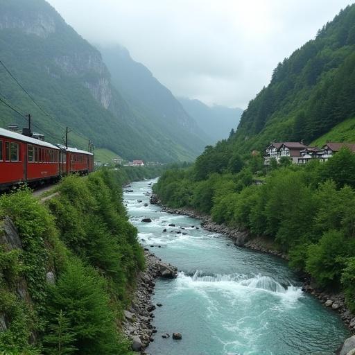 Scenic view of the Flåm Railway in Norway featuring a red train along a river surrounded by mountains
