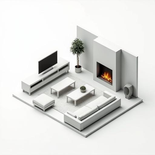 Isometric view of a modern minimalist living room showcases a light gray sofa simple coffee table fireplace tall plant and a TV stand with a flat-screen TV creating a clean and inviting space