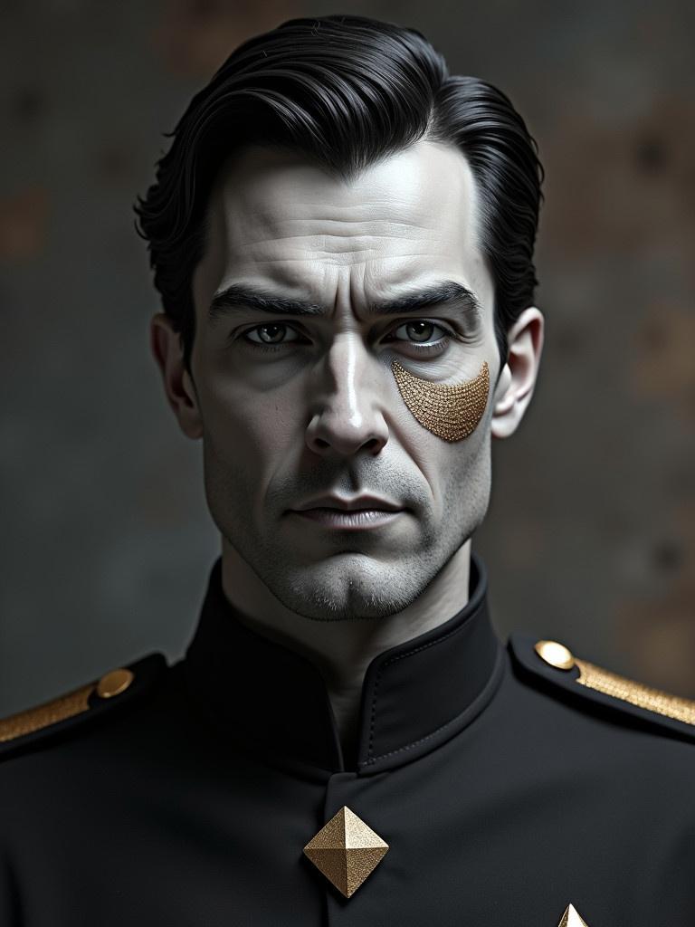 Smooth gray skinned man in a senator uniform. Black hair styled smoothly. Uniform features diamond shaped scales on the bridge of his nose. Gold embellishments adorn the uniform. Strong presence with dramatic lighting.