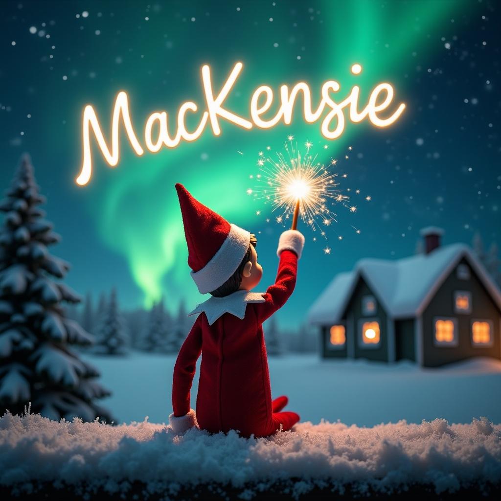 Christmas scene with elf on the shelf facing the sky. Elf wears red and white and holds a magic wand. Northern lights illuminate the background. Elf creates a whimsical ambiance with the glowing script 'MacKenzie'.