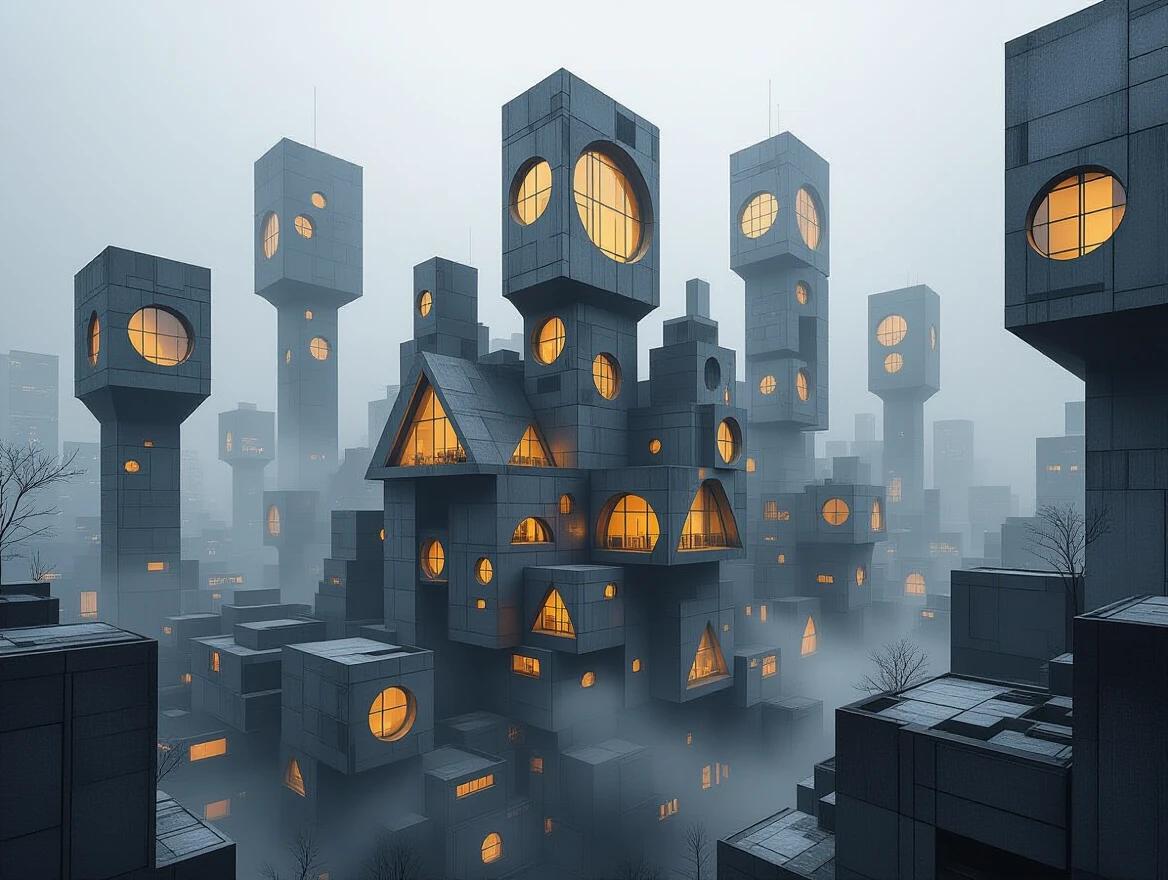 Dystopian city scene with retro-futuristic elements. Buildings feature grey cardboard and wood textures. Shapes include triangles, circles, and rectangles. Structures resemble megalithic apartments. Windows are silver and gold. Scene is set at night with atmospheric haze and shadows.
