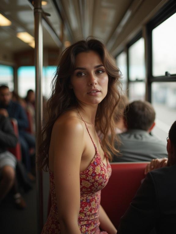 Candid photo of a woman sitting in a packed bus. She wears a tight, floral dress. The bus is filled with people, creating a close atmosphere. The image appears low resolution with some pixelation and compression artifacts. Colors are over-saturated.