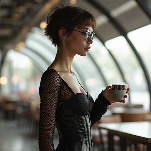 Cinematic portrait photograph of a graceful woman with rectangle glasses and tousled pixie cut in a futuristic café. She wears a striking corset dress and mesh-textured top made of high-relief metal material. In her hand, she holds a steaming coffee cup. Background features a minimalist café design with steel arches.