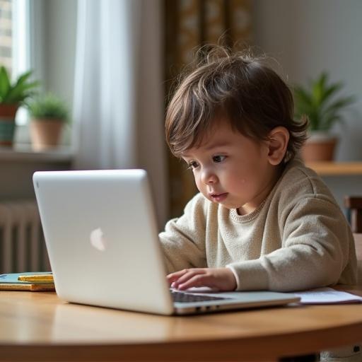 Kid learning with a laptop on a table. Small child focused on the screen. Relaxed indoor environment with natural light.