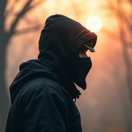 A blurred silhouette of a ninja against a sunset background. The figure is wearing a dark hoodie and mask. The scene creates an atmosphere of mystery and intrigue with soft lighting.
