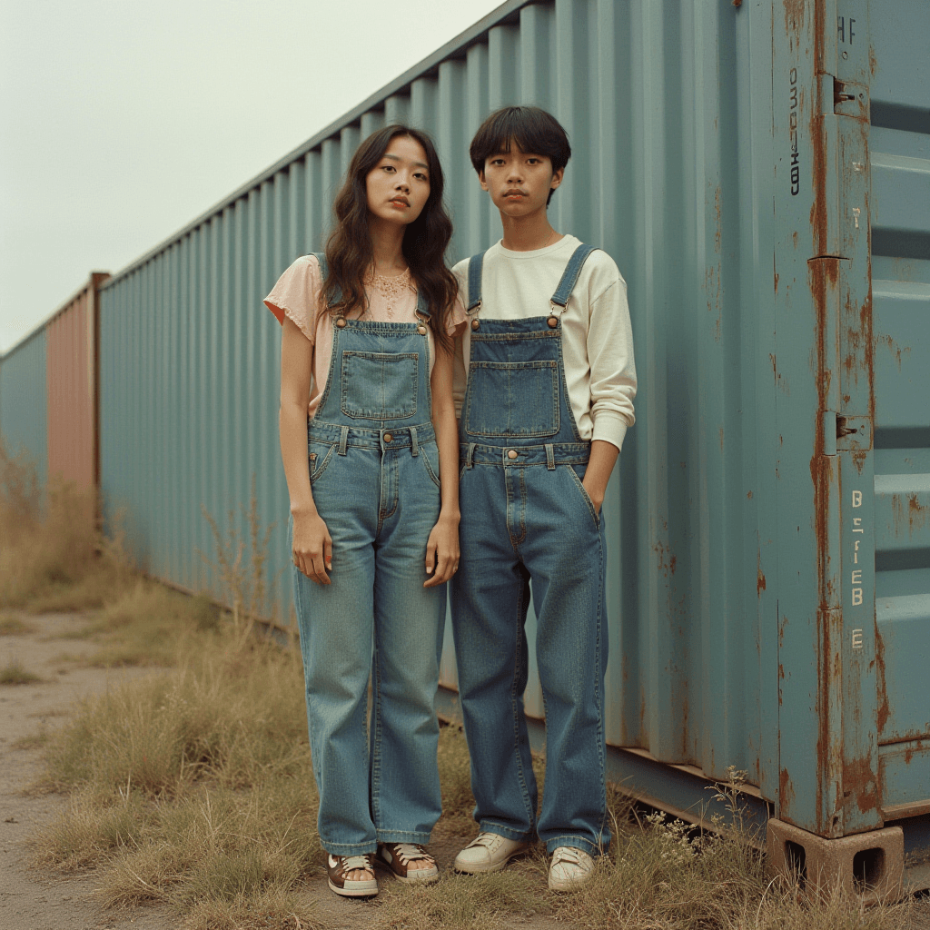 Two young individuals in denim overalls stand against a muted shipping container, exuding a sense of calm and unity.