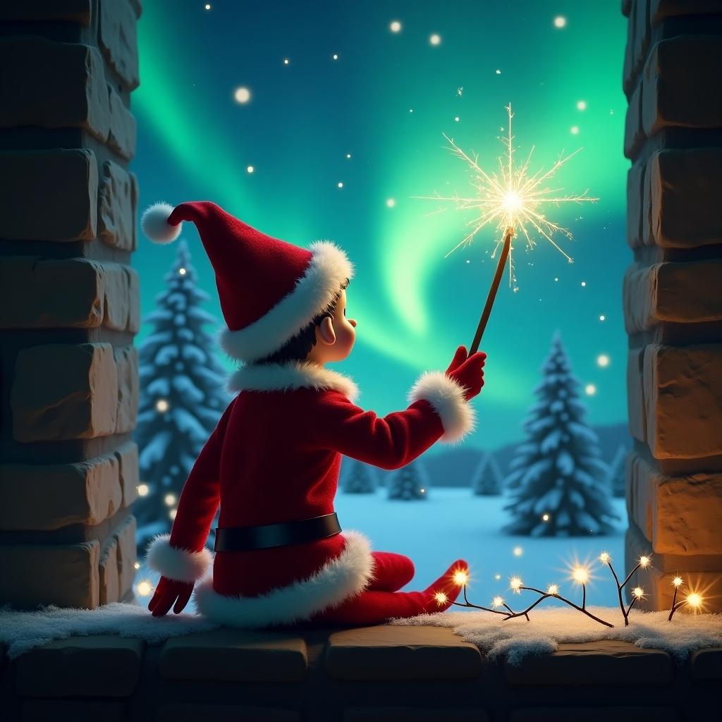 The image features an adorable elf on the shelf with its back turned to the viewer, wearing a bright red outfit with white trim. The elf is gazing up at the sky, holding a sparkling wand that appears to be writing in the air. Behind it, a magical winter scene unfolds with the mesmerizing northern lights illuminating the landscape. The environment is filled with fluffy snowy trees that enhance the enchanting atmosphere. Soft twinkling lights can be seen strung around the elf, adding to the festive feel of the scene. Overall, it encapsulates the magic of Christmas with a whimsical touch.