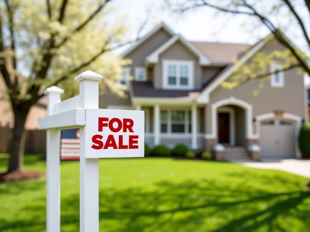 This image showcases a cheerful suburban neighborhood with a charming house in the background. In the foreground, there is a white wooden sign that reads 'FOR SALE' in bold red letters. The lawn is lush and green, suggesting a well-maintained property. Trees with budding leaves are visible, indicating that it's springtime. The house itself features a welcoming façade with large windows and a classic roof design, making it an appealing prospect for buyers. The overall atmosphere of the image conveys a sense of opportunity for those looking to purchase a home.