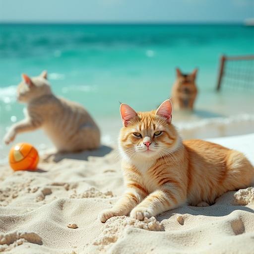 Photorealistic beach scene with anthropomorphic cats. Cats are playing volleyball, swimming, and sunbathing. The ocean is turquoise with sand and water textures. Captures a summer resort vibe. Shot with high-quality Hasselblad camera.