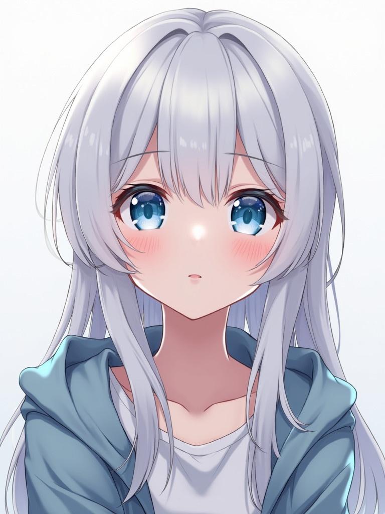 Anime girl with white hair and soft, blue eyes. Character is depicted facing forward, wearing a hoodie. Gentle and soft overall aesthetic.