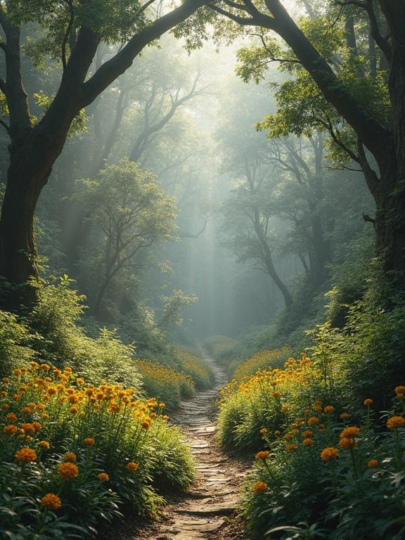 Scene of a tranquil forest with a winding path through lush greenery and bright yellow flowers. Gentle sunlight filters through the trees creating a mystical atmosphere.