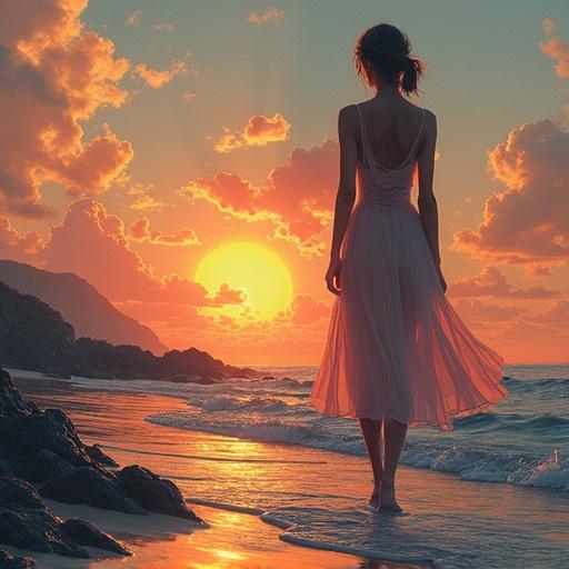 A person stands on the beach at sunset, gazing at the horizon. The sun sets behind clouds, casting a warm glow. Waves gently wash onto the shore. The figure wears a flowing dress, creating a serene and peaceful atmosphere.