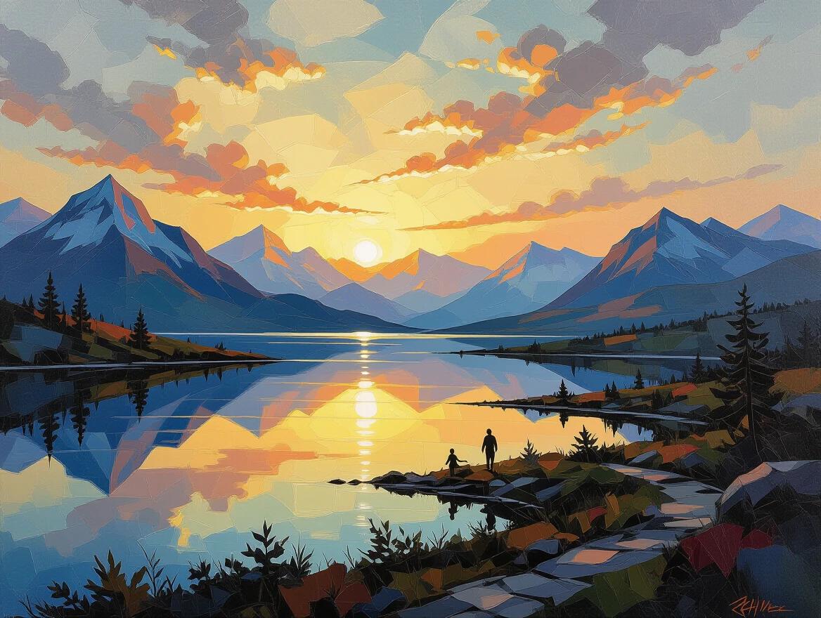 A picturesque landscape features a tranquil lake surrounded by majestic mountains under a colorful sunset sky. A person stands near the water while another walks along the rocky shore. The artwork reflects vibrant hues and textured brushstrokes.