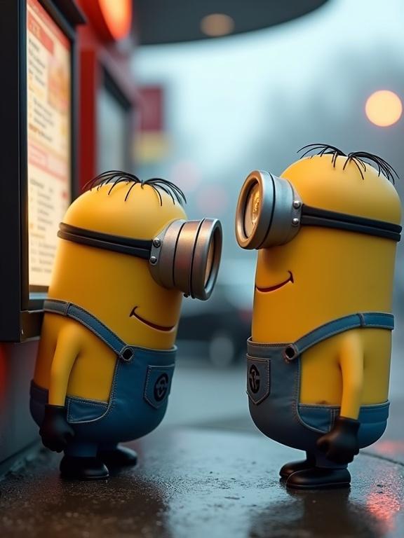 Fast food drive-thru security footage featuring Minions attempting to order through a speaker. Minions leaning down awkwardly, squinting at the menu board.
