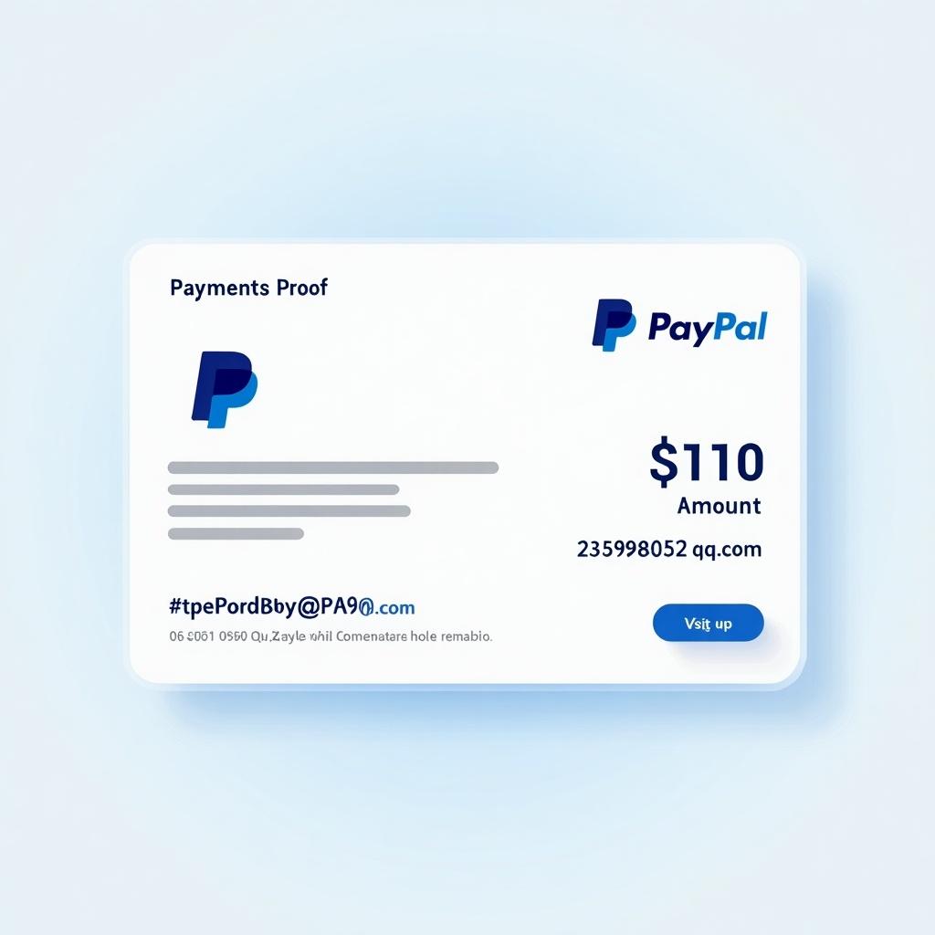 Representation of a PayPal payment proof highlighting a $110 transaction. It includes the PayPal logo and email address for confirmation. The design is clean with a focus on digital transactions.