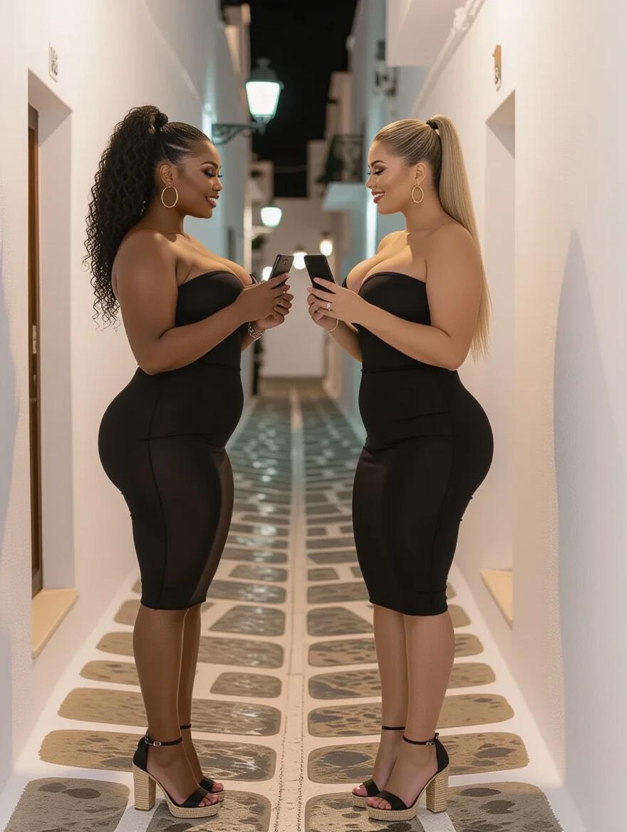 Two curvy women stand face to face. One has black curly hair and dark skin. The other has straight blonde hair and fair skin. Both wear black strapless dresses and high heels. The setting is a Mykonos alley at night. They hold smartphones close to each other. They are identical in height but different in skin tone.