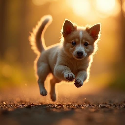 A cute puppy leaps in a backlit setting. The photo features macro photography techniques with noticeable bokeh effects and depth of field.