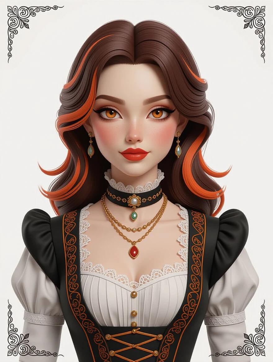 Image features a striking androgynous woman wearing Victorian attire. The woman has medium brown hair with orange highlights and orange eyes. Jewelry adorns the subject in high-quality digital rendering against a white background.
