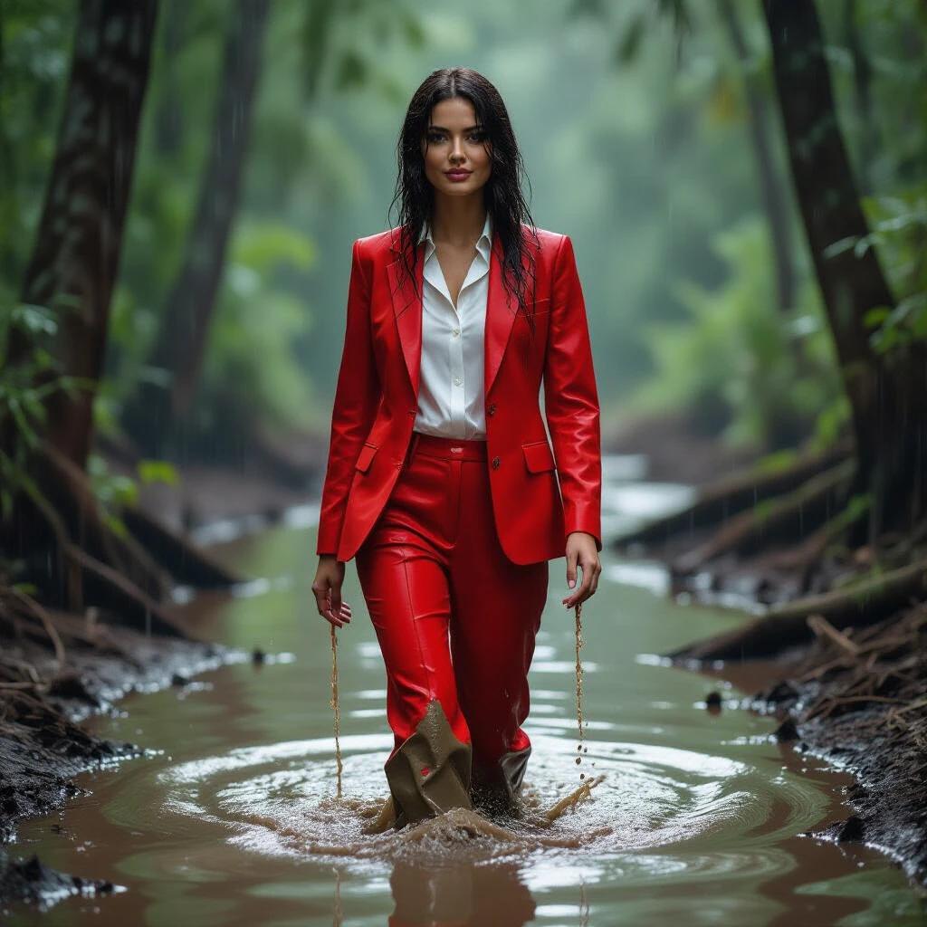 Full-length image of a woman walking through a muddy swamp. She is wet and covered in mud. She wears a shiny red business suit and red trousers with a white shirt and red tie. Her expression is pleasant and smiling. Lighting is bright with natural sunlight. Composition is centered on the woman and mud.