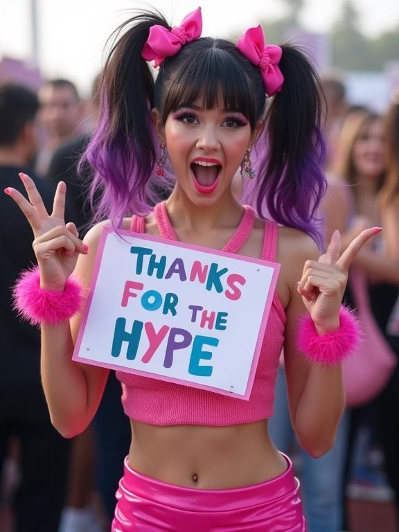 A vibrant young woman with pigtails and pink bows shows excitement. She wears a pink crop top and mini-skirt along with a sign saying 'THANKS FOR THE HYPE'. The background features a blurred crowd.