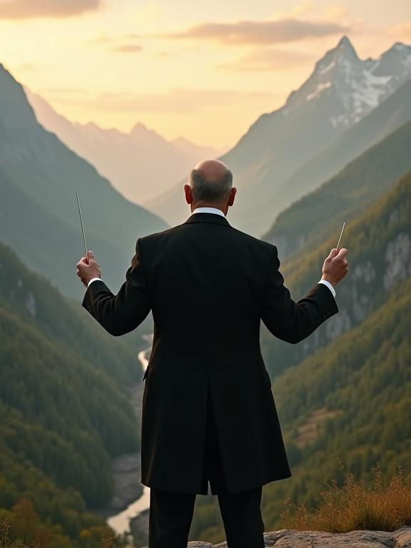 Image portrays an orchestral conductor from behind standing at a cliff. Magnificent view of valleys with rivers and forests. Snow-capped mountains rise in the distance under a sky filled with dramatic clouds. The conductor wears a black tailcoat with a white shirt. In right hand, he holds a white baton. The lighting is warm and cinematic, creating an artistic atmosphere.