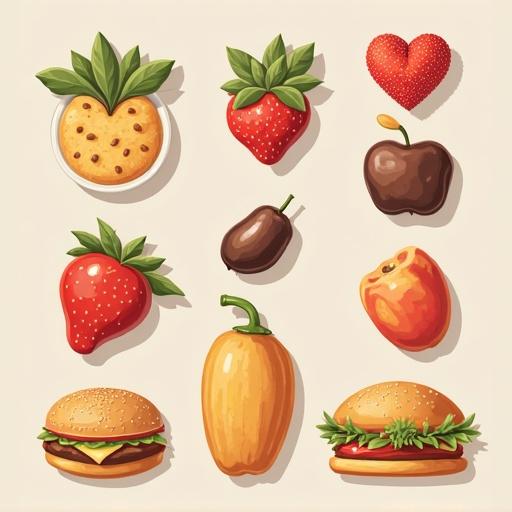 Illustration of various foods arranged in a grid. Includes fruits like strawberries, apples, and a heart-shaped strawberry. Also features cookie and hamburger items. Emphasis on vibrant colors and appeal for branding.