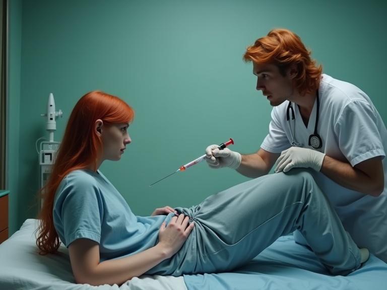 Male nurse holds large syringe with red liquid. Patient lies on bed startled. Emphasis on medical treatment scene.
