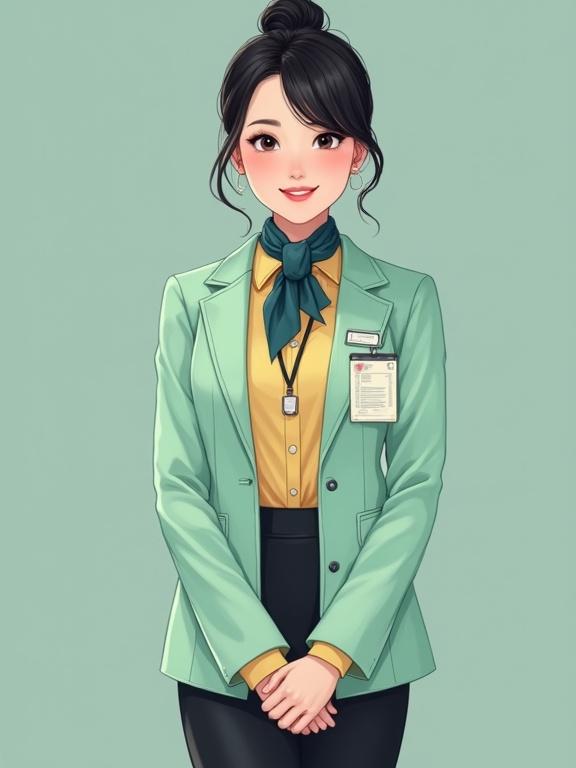 Full body, top-to-toe, kawaii-style image of a late-20s East Asian female airport ground staff uniform concept. Tops include pastel-yellow long-sleeve mandarin-collar chiffon blouse and mint-green round-collar blazer. Black pencil skirt completes the outfit. Accessories include pantyhose and black closed-toe low-heel pumps. Hair is bunned and makeup is light with red lips curved into a friendly smile. Name tag is pinned on the blazer. A black lanyard slung over the neck holds her ID badge. Dark-blue gingham scarf tied into a small knot around her neck tucked beneath the blouse collar.
