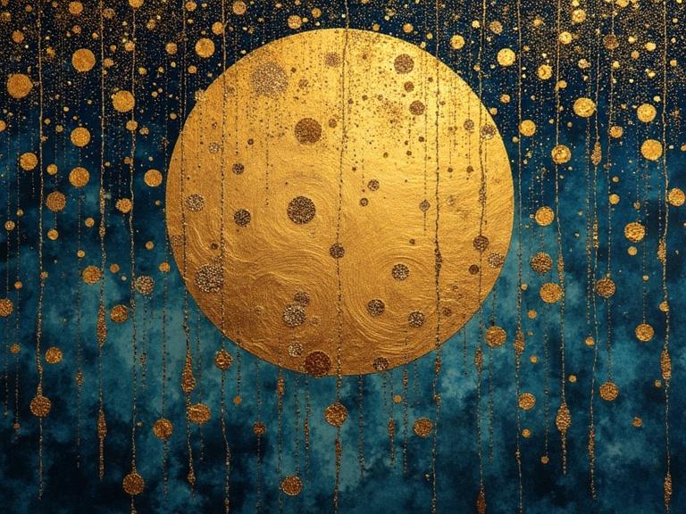 Art features silk iridescent texture inspired by Klimt during an Italian night. Theme is symmetric with watercolor and ink using imperial colors. Gold foil details add depth, embodying Art Deco aesthetics.