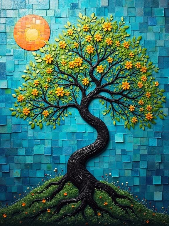A vibrant abstract design features a twisted bonsai tree made from squares. The leaves and flowers are created with assorted square shapes. A bright sunset appears in the background. The color scheme includes blues, greens, and hints of lime and orange. The artwork uses sponge dabbed squares and dry brush techniques for texture.