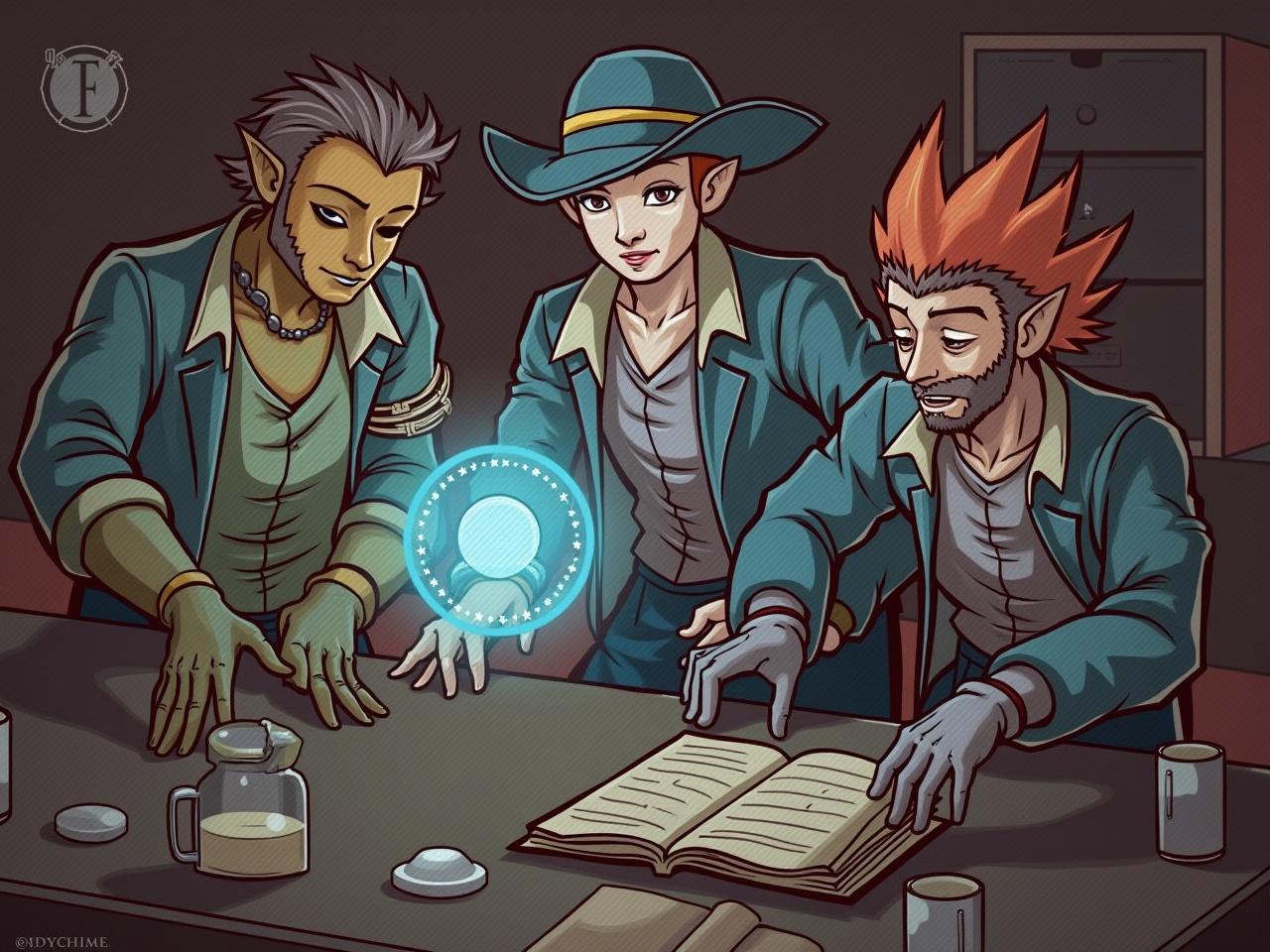 The image shows three fantasy characters gathered around a table, engaged in an intense discussion. One character, a female elf, is intently looking at a glowing orb while the other two, a male with spiked hair and another with pointed ears, lean in closely. The background includes various table elements like mugs and a book, adding to the fantasy vibe. The characters wear stylish outfits that highlight their diverse fantasy races. The scene evokes a sense of teamwork and discovery within a gaming context.