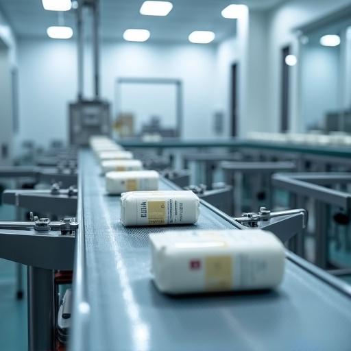 Modern aseptic packaging machine in a sterile cleanroom. Conveyor belt transports milk cartons. Sterile environment with no dust or contamination.