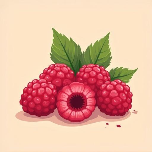 Colorful cartoon illustration featuring raspberries. Use clean lines flat vibrant colors. Depict cluster of juicy raspberries with green leaves. Present simple solid background. Add playful details like smiling raspberry character or happy leaf. No text included.