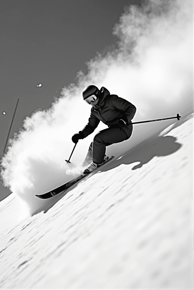 A skier dynamically carves down a steep, snowy slope, kicking up a plume of powder in a black and white image.