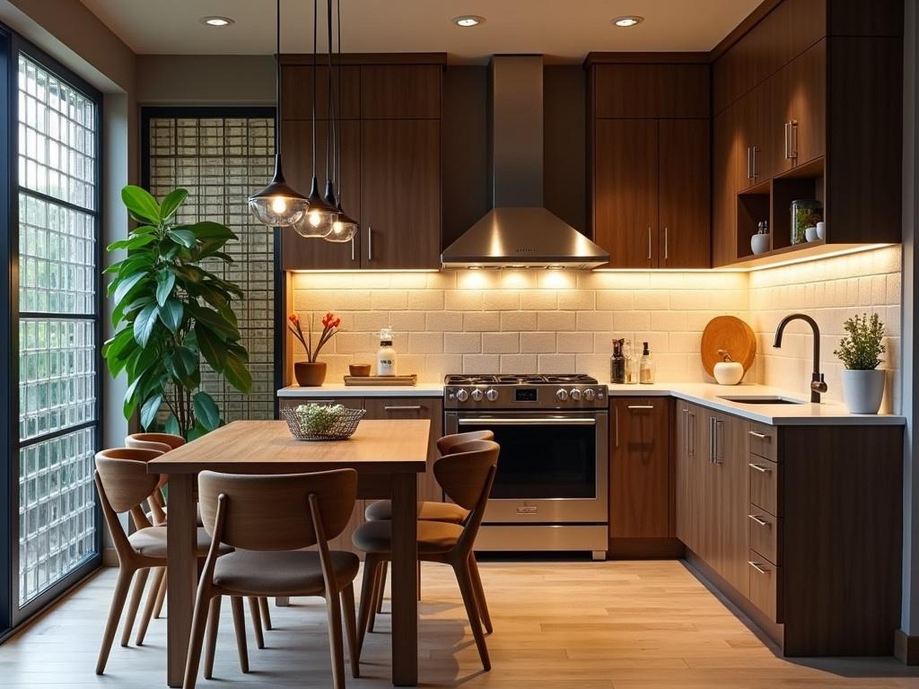 Create an image of a warm and inviting kitchen. The kitchen features modern designs with dark wooden cabinets and a sleek stainless steel oven. There should be bright lighting illuminating the space, highlighting the countertops. Include a glass block wall that separates the kitchen from an adjoining dining area with a wooden table and chairs. A tall green plant in the corner adds a touch of nature to the room. The overall atmosphere should convey comfort and elegance, making it a pleasant place for family gatherings.