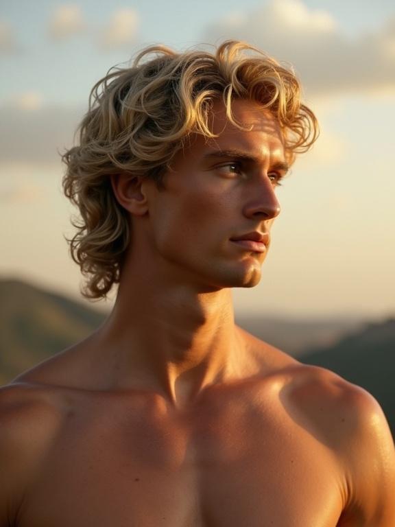 Young man styled as a Roman emperor. Long blonde curly hair and smooth jawline. Tanned skin with chiseled facial features. Torso is visible. Outdoor setting with natural light during sunrise. His gaze directed to the side. Roman landscape in background. Aquiline nose and broad nasal bridge. Light blonde chest hair. Natural blend of colors. Strong muscles and defined features.