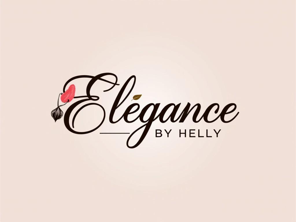 This image showcases a beautifully designed logo for the makeup artist brand 'Élégance by Helly.' The logo features elegant typography with a delicate flourish, embodying sophistication and beauty. The color palette includes soft pinks and beige tones, creating a warm and inviting aesthetic. A small visual element, possibly a flower or leaf, adds a touch of nature's elegance to the design. This logo is ideal for branding, business cards, and social media presence for beauty professionals.