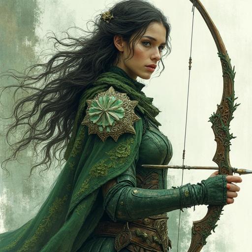 A warrior-poet combining druidic magic and shadow dancing. Elven features and wild huntress elements. Intricate embroidery and weathered leather. Ethereal backlighting with chiaroscuro effects. Looks like a relic from a forgotten age. Captures the essence of ancient myths and dark folklore.